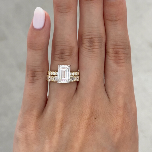 Emerald Lab Diamond Bridal Ring Set with Pave Band - View 2