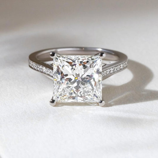 Princess Cut Moissanite Diamond Pave Cathedral Engagement Ring