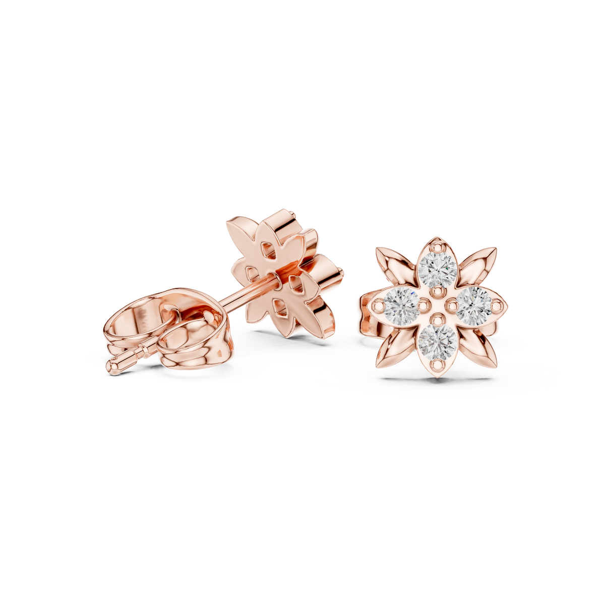 Leaf Petal Round Moissanite Diamond Flower Stud Earrings with Cluster Center - View 8