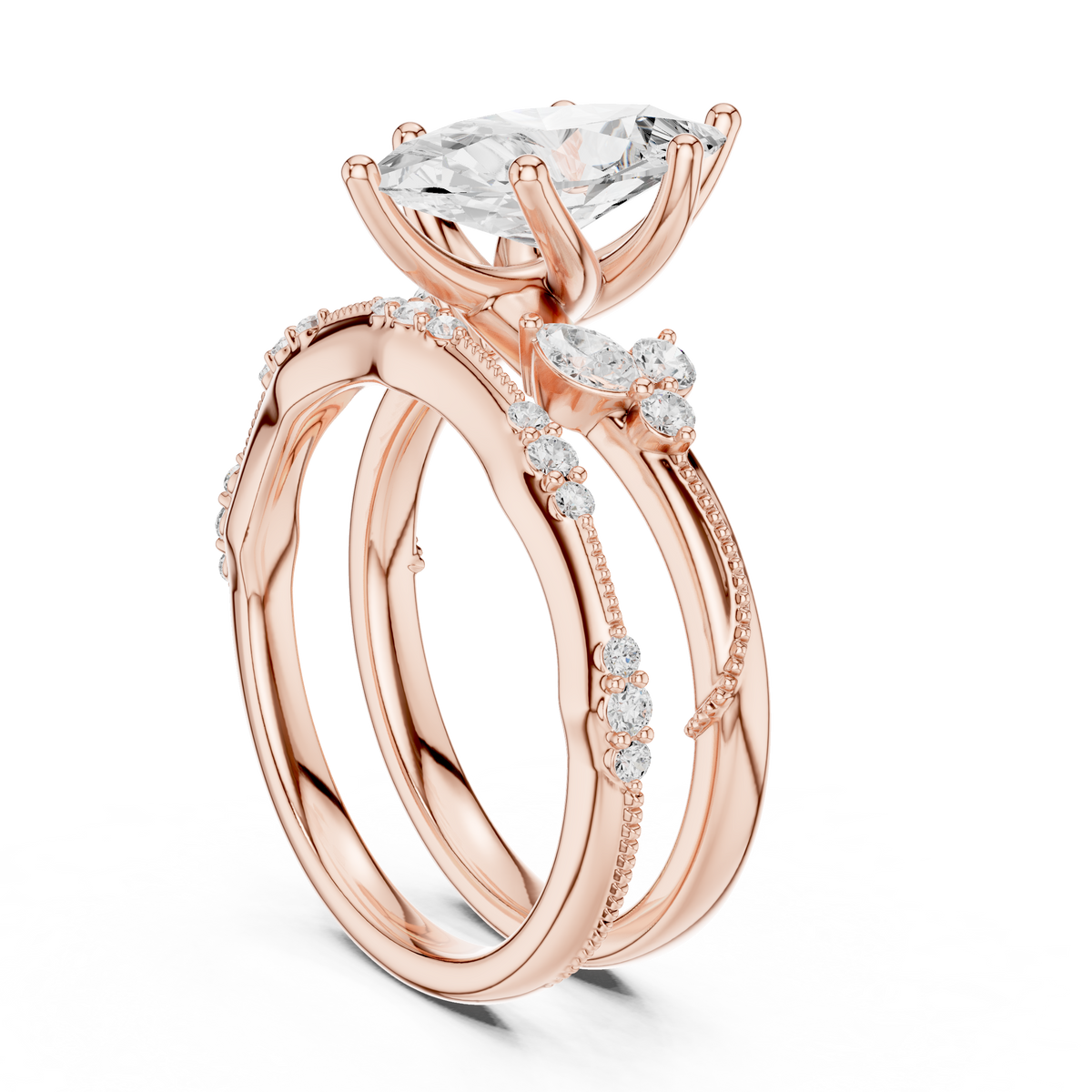 Marquise Cut Lab Diamond Women's Vintage Cluster Bridal Ring Set - View 14