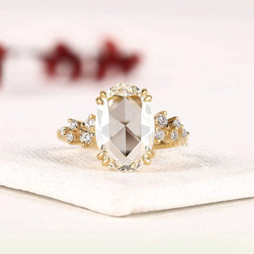 Oval Rose Cut Cluster Moissanite Diamond Engagement Ring