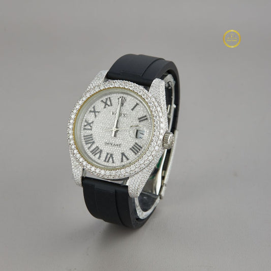 Glamorous Lab Diamond Paved Luxury Watch with Roman Numeral Dial and Black Rubber Strap