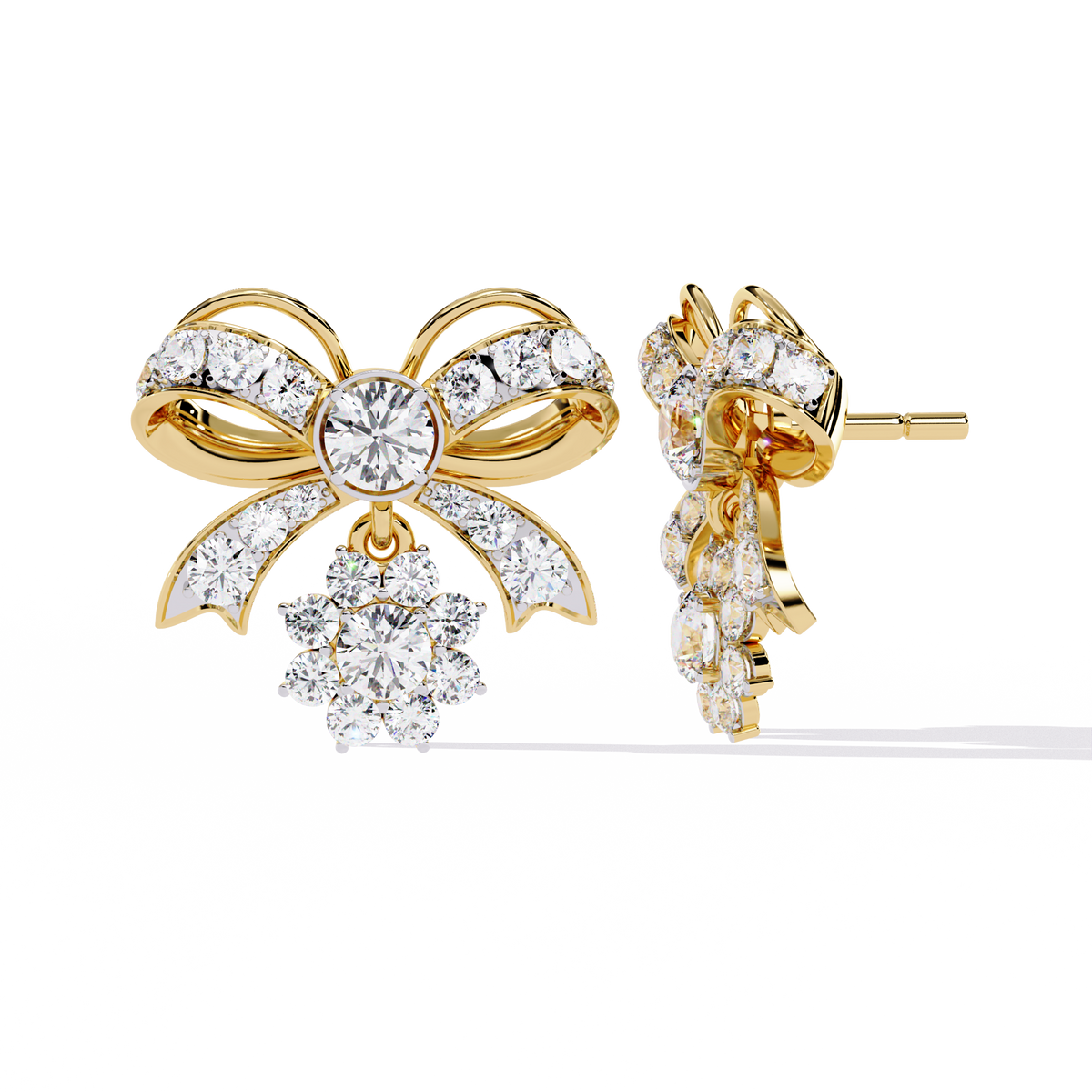 Unique Moissanite Round Diamond Bow Drop Earrings with Dazzling Pave Detailing and Sparkling Floral Charm - View 4