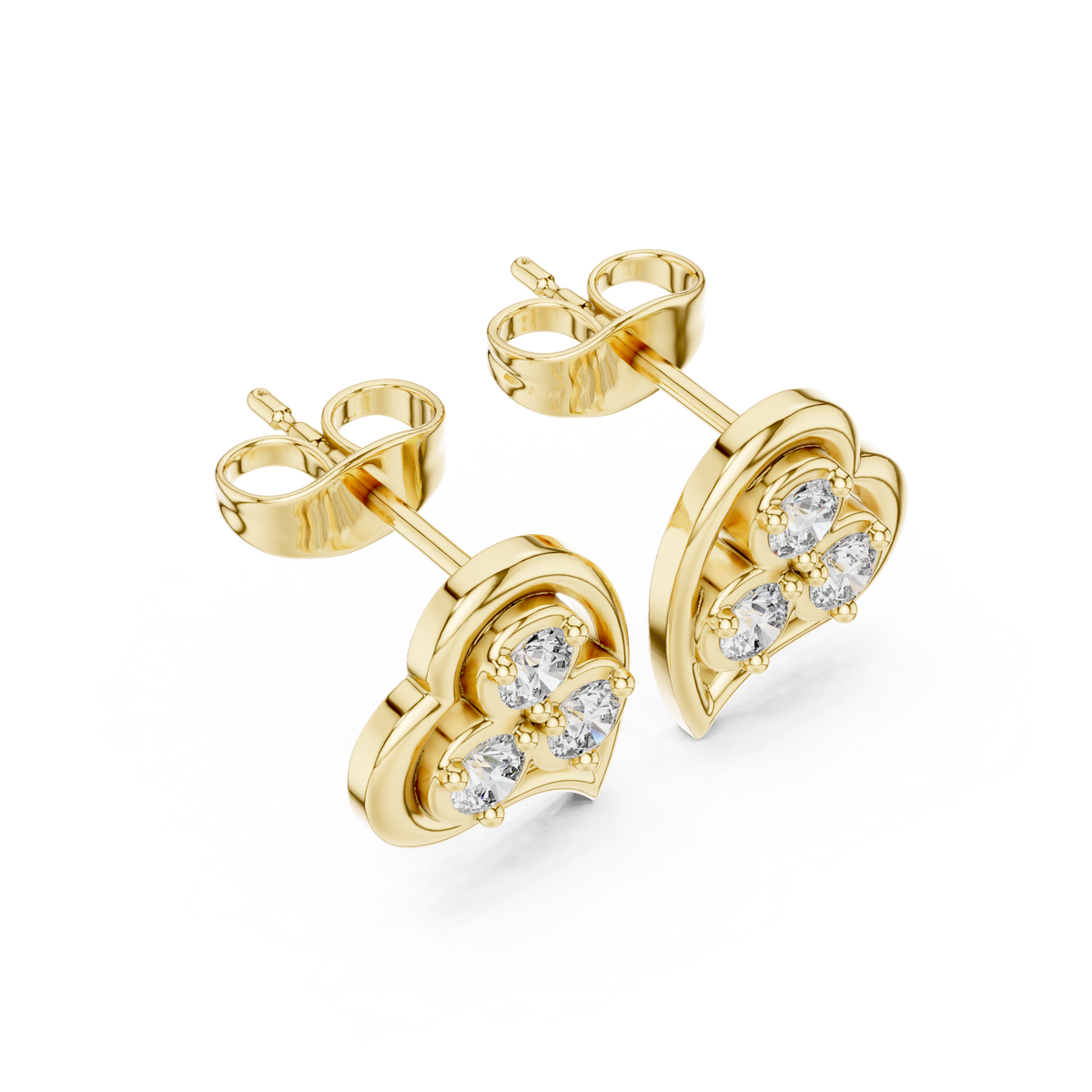 Three Stone Heart Round Brilliant Cut Lab Diamond Stud Earrings Trefoil Cluster - View 4