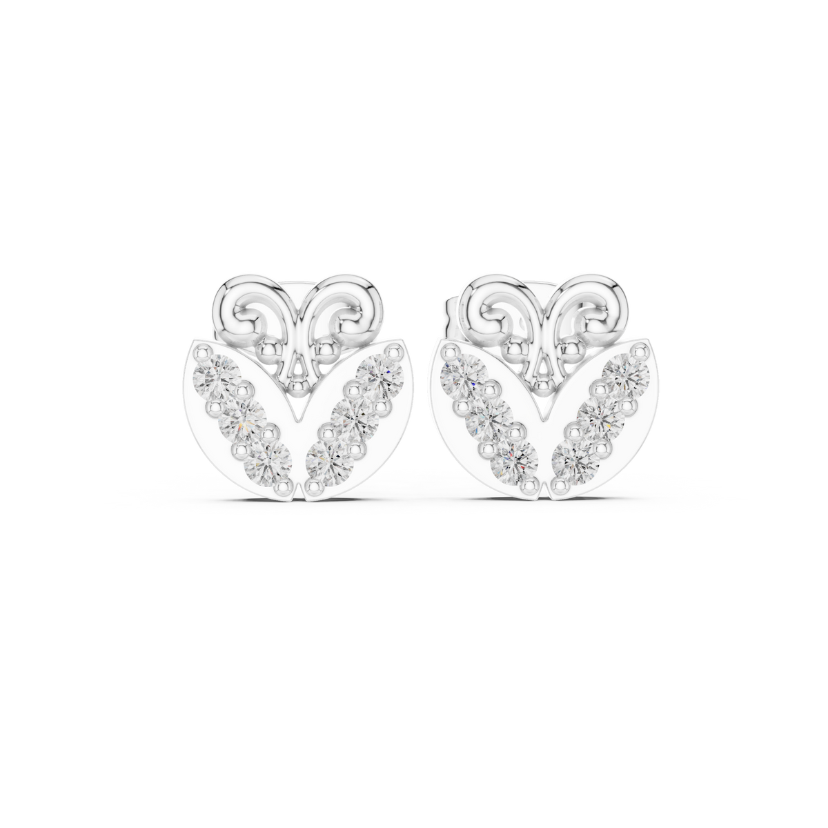 Butterfly Inspired Round Moissanite Diamond Stud Earrings with Open Scroll Design - View 3