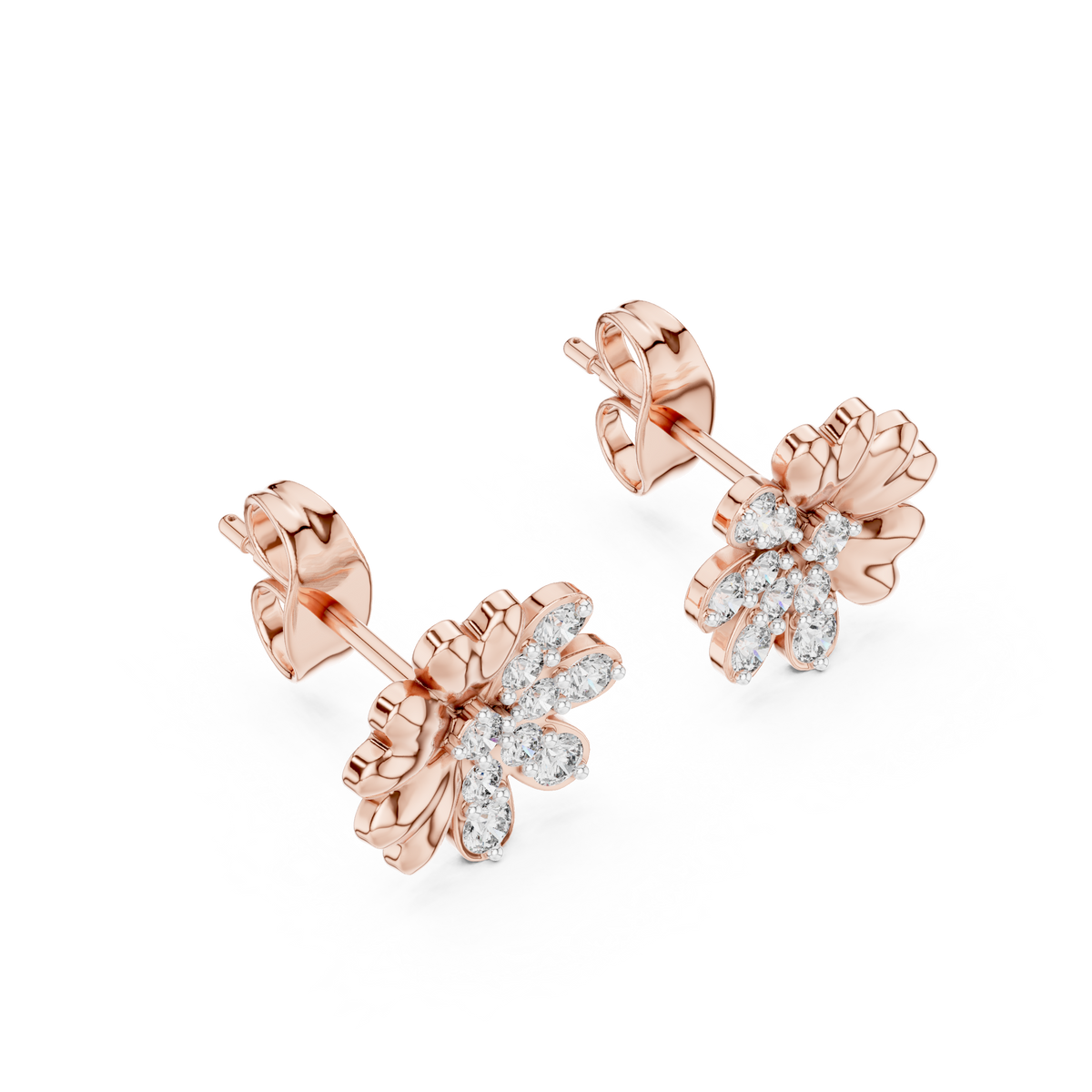Floral Blossom Round Lab Diamond Mixed Petal Stud Earrings - View 5