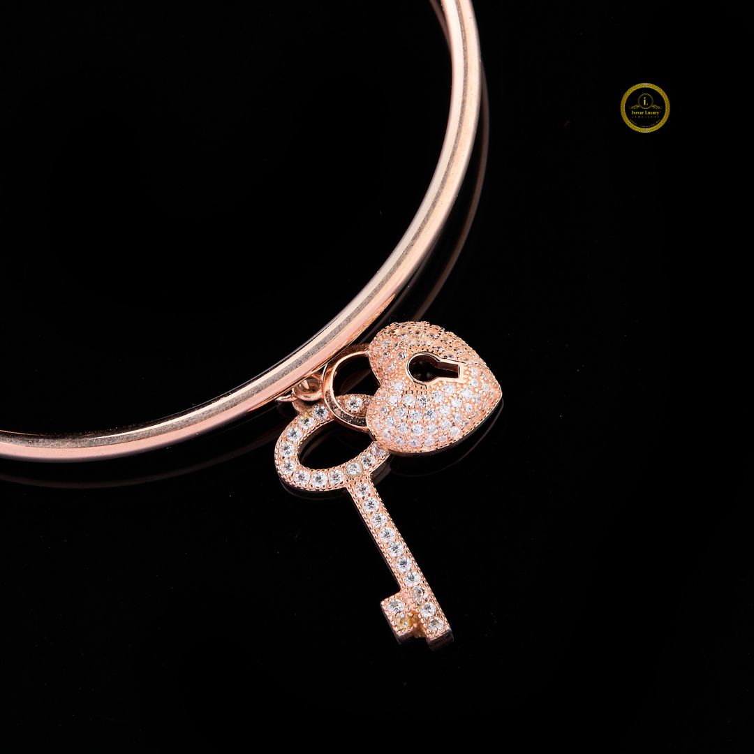 Round Moissanite Diamond Heart Lock Key Charms Open Torque Bangle Bracelet - View 3