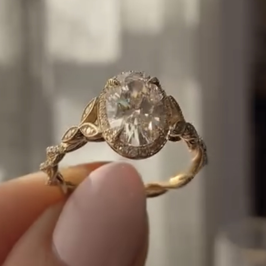 Vintage Milgrain Halo Oval Cut Lab Diamond Wedding Ring - View 2