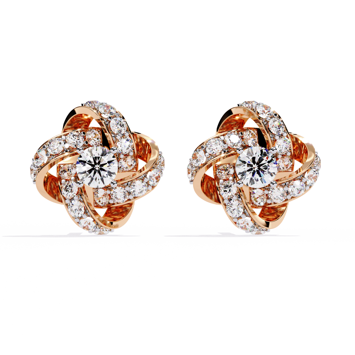 Intricate Floral Swirl Round Cut Lab Diamond Stud Earrings in Luxurious Gold Setting - View 2