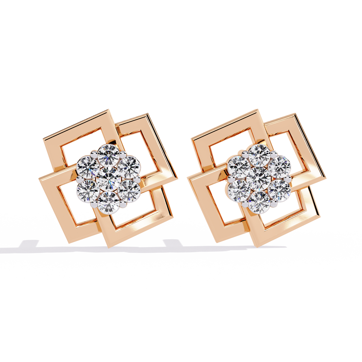 Geometric Square Motif Round Moissanite Diamond Earrings with Brilliant Center Cluster Design - View 2