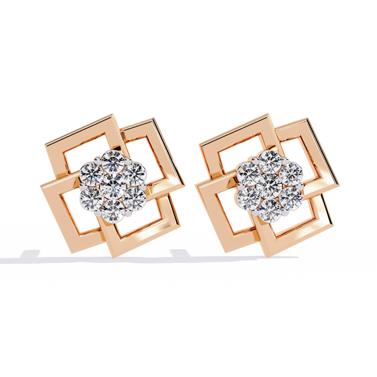 Geometric Square Motif Round Lab Diamond Earrings with Brilliant Center Cluster Design - View 2