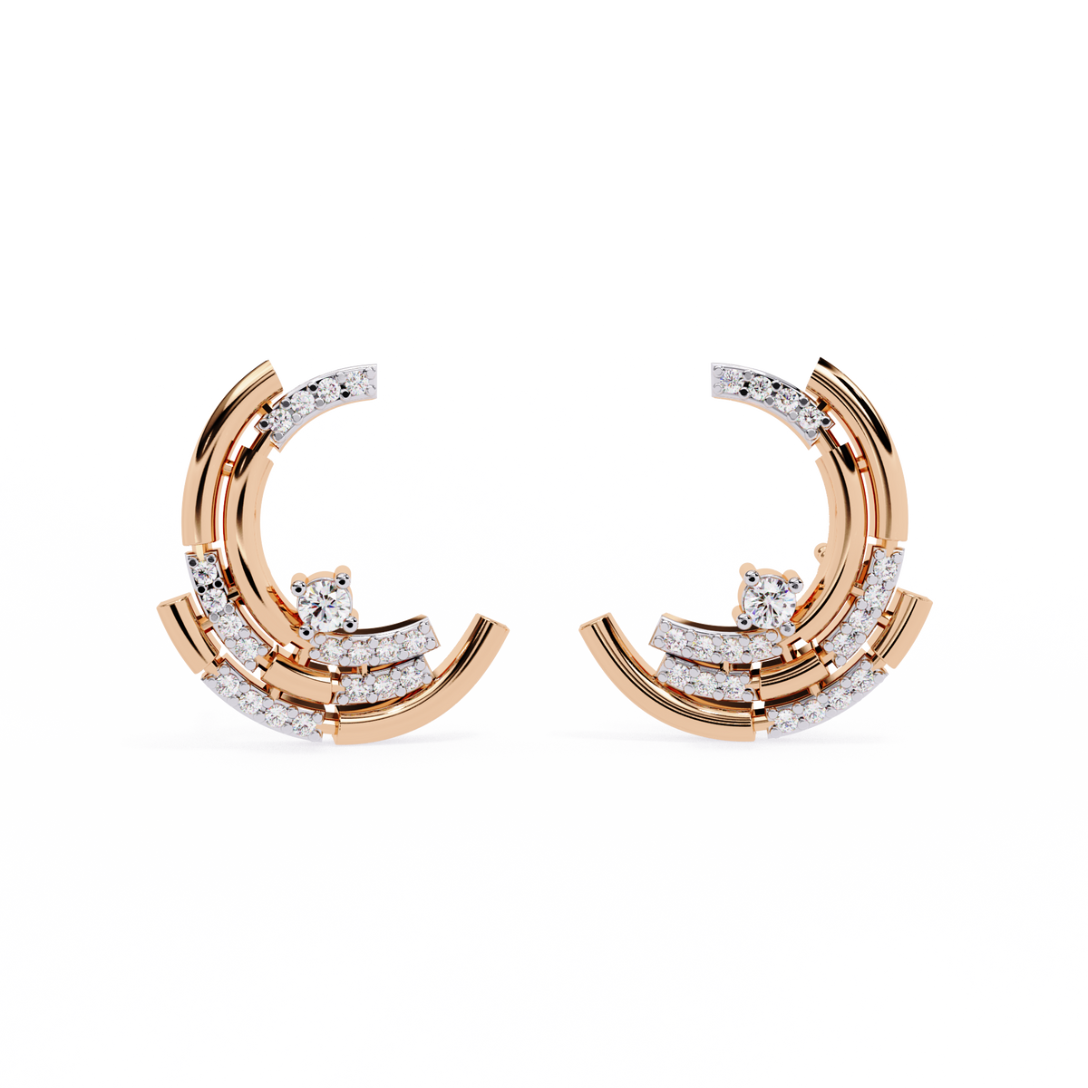 Modern Crescent Round Lab Diamond Hoop Arc Earrings with Round Diamond Accents - View 3