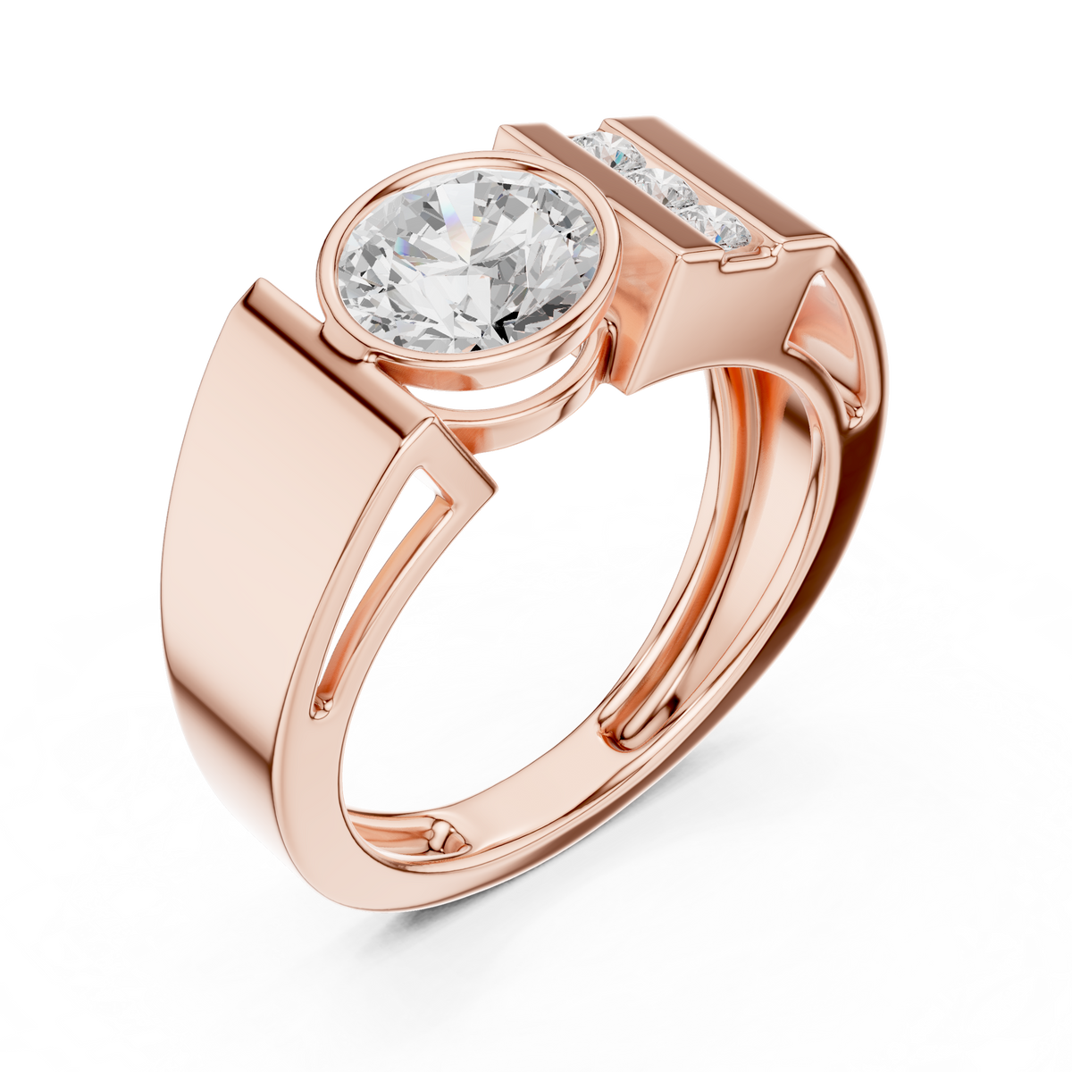 Round Cut Lab Grown Diamond Men's Three Stone Side Accent Wedding Ring - View 3