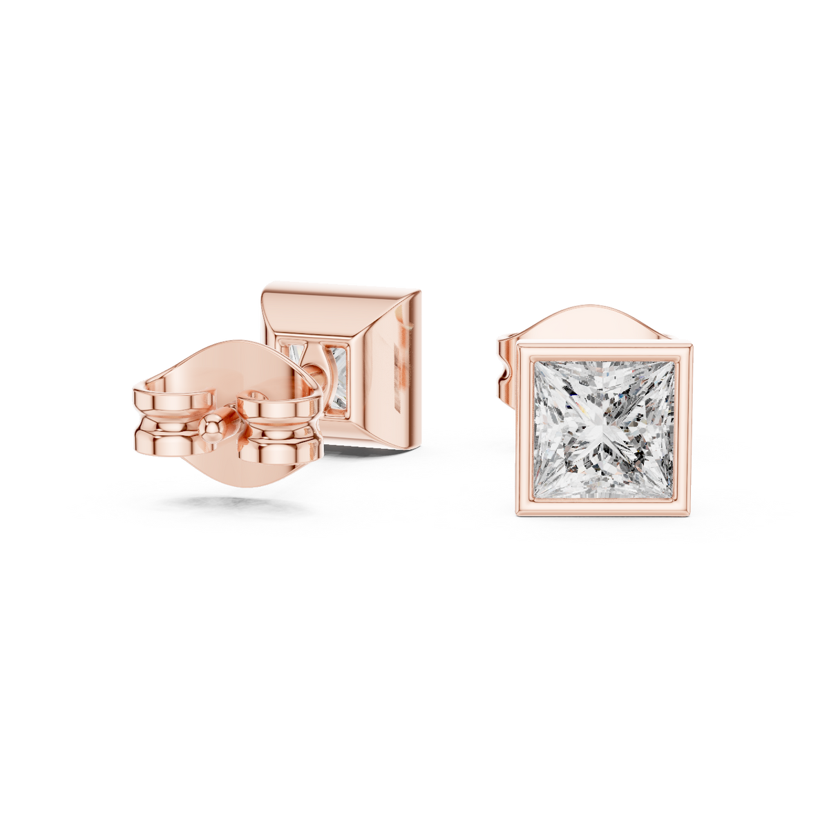 Princess Cut Moissanite Diamond Square Solitaire Stud Earrings with Bezel - View 3