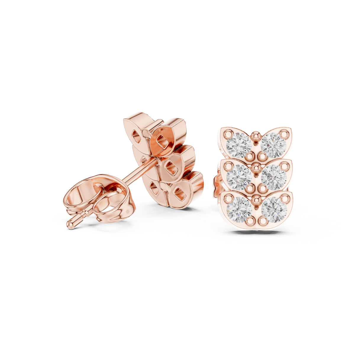 Butterfly Round Moissanite Diamond Stud Earrings with Triple Row Brilliant Design - View 6