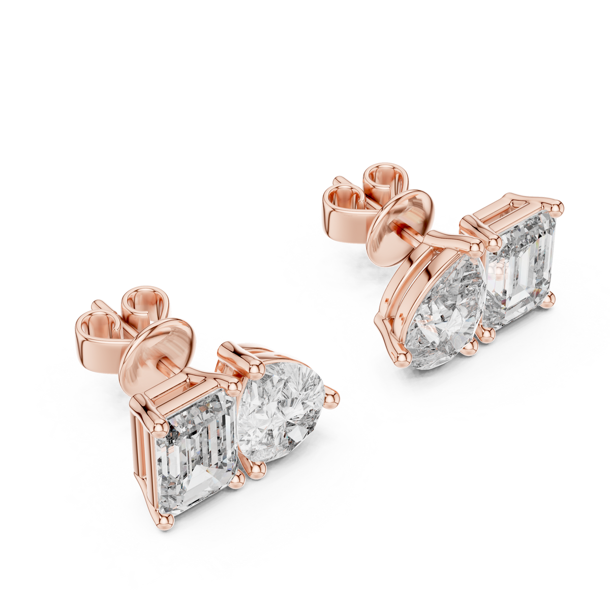 Modern Lab Diamond Stud Earrings Featuring Emerald Cut and Pear Cut Duo - View 6
