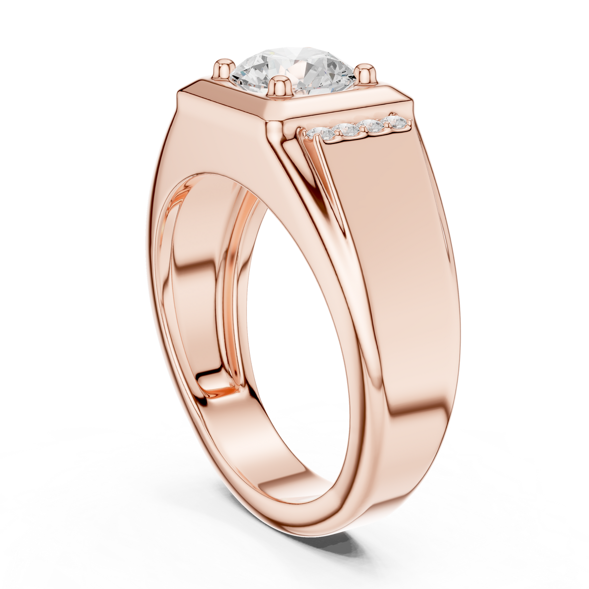 Round Cut Moissanite Diamond Men's Side Channel Accent Gold Band - View 6
