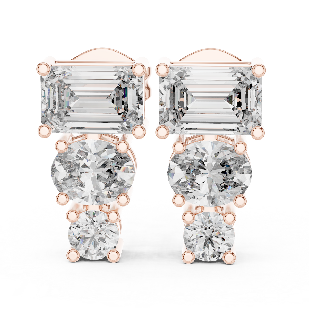 Graduated Three Stone Emerald Oval And Round Moissanite Diamond Drop Earrings Linear Studs - View 9