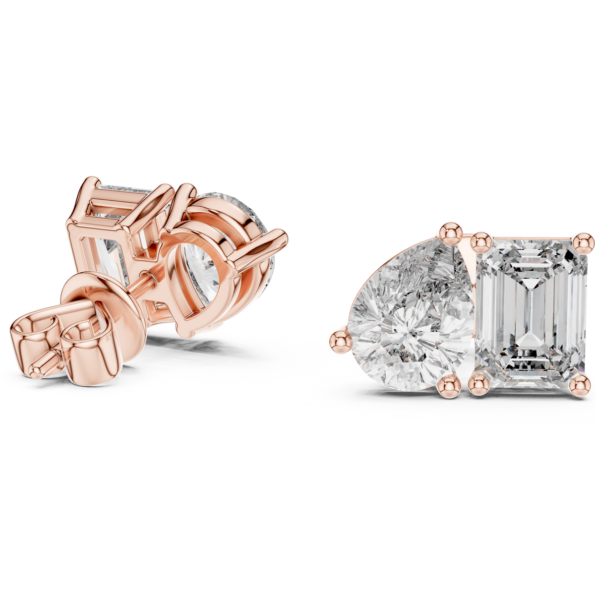 Modern Lab Diamond Stud Earrings Featuring Emerald Cut and Pear Cut Duo - View 3