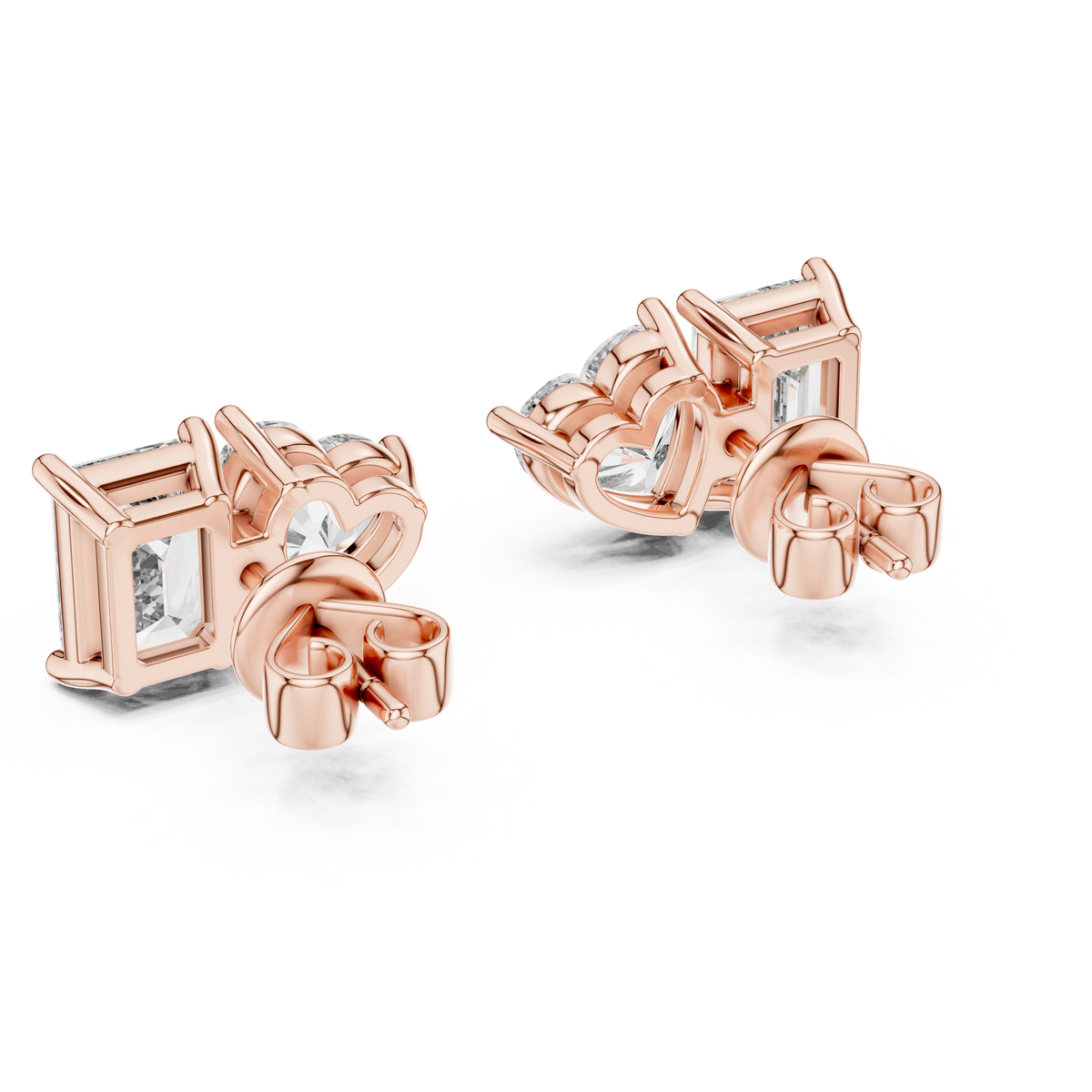 Dual Spark Heart & Emerald Cut Lab Diamond Stud Earrings - View 9