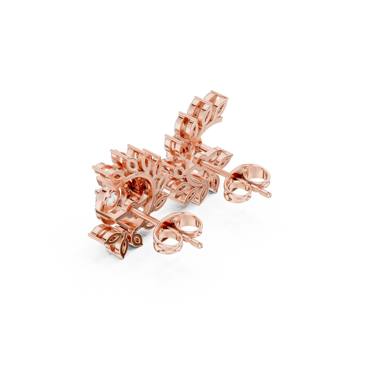 Marquise Leaf Lab Diamond Earrings Spiral Vine Halo Cluster Studs - View 6