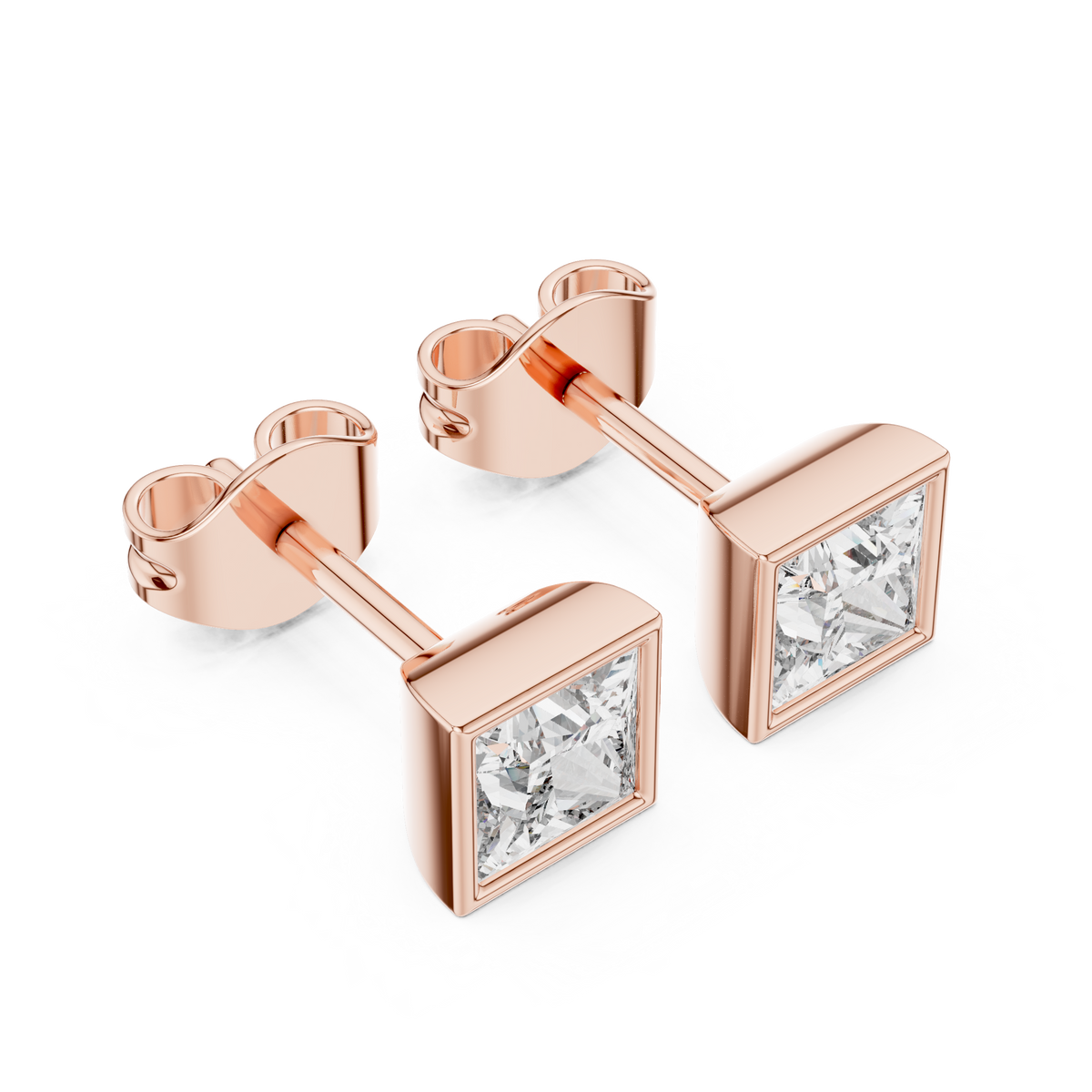 Princess Cut Lab Diamond Square Solitaire Stud Earrings with Bezel - View 6