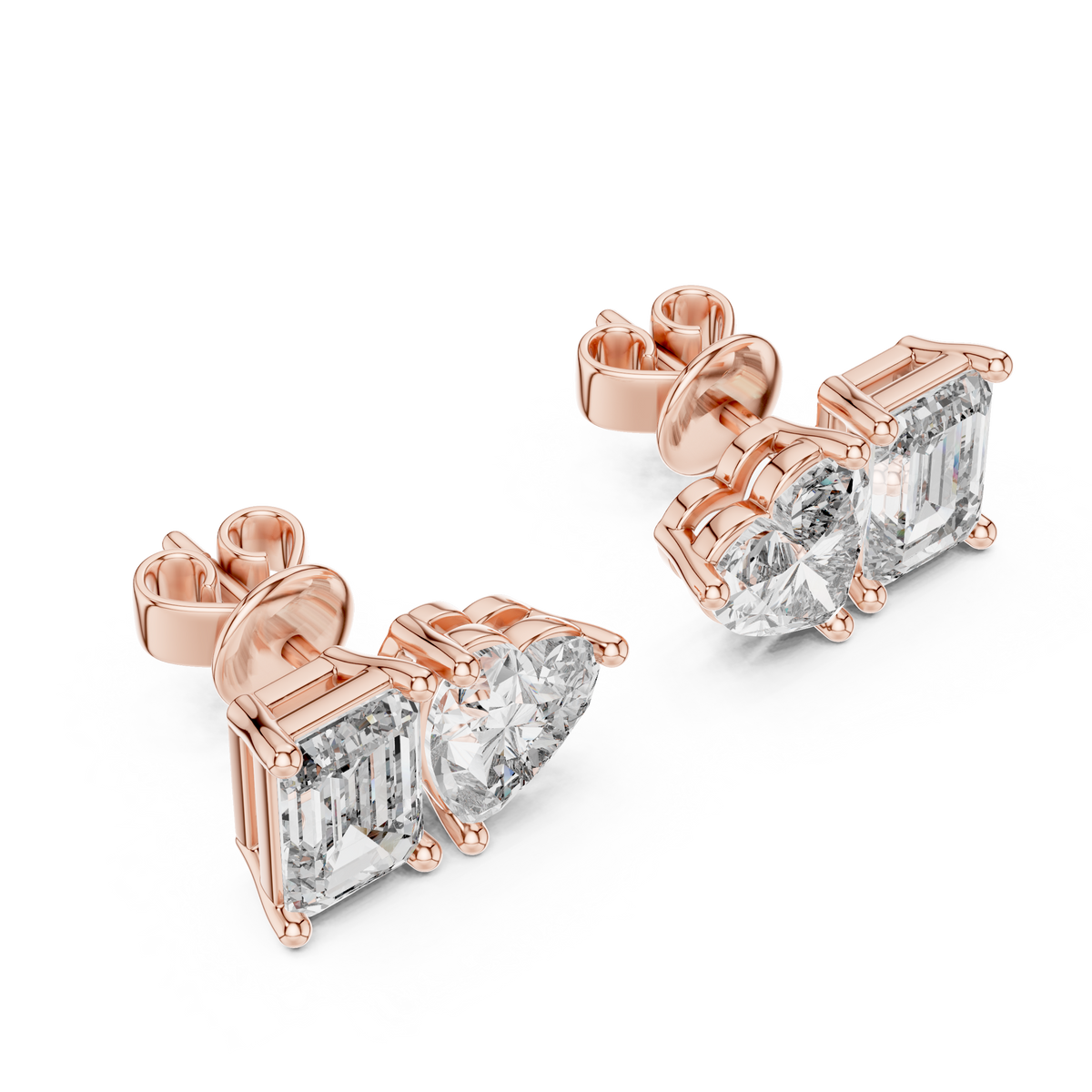 Dual Spark Heart & Emerald Cut Moissanite Diamond Stud Earrings - View 6