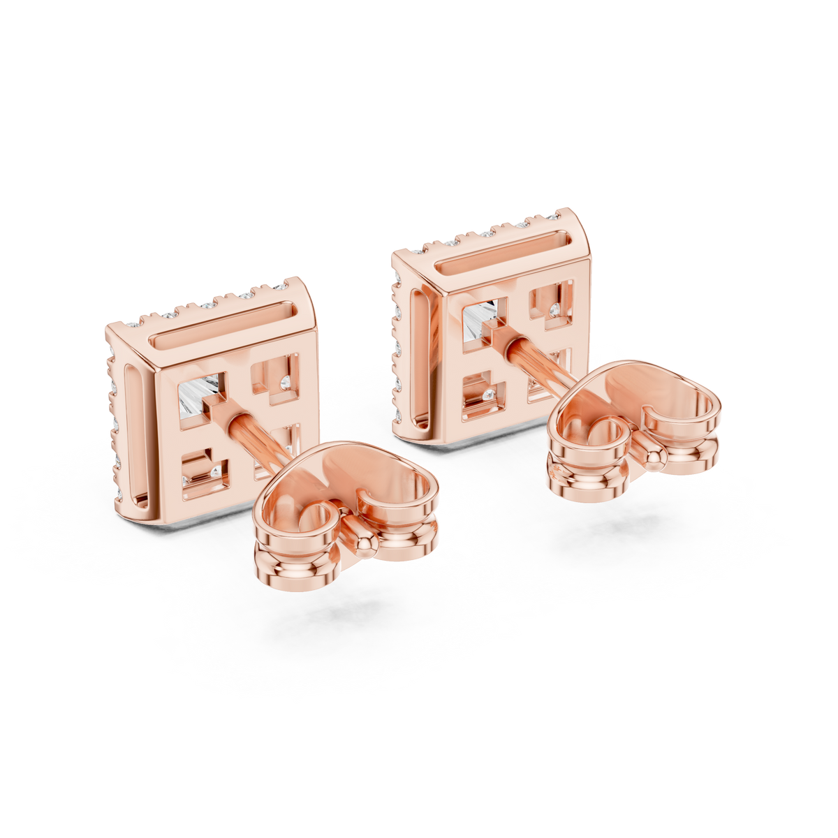 Royal Square Princess Lab Diamond Stud Earrings with Halo Round Diamond - View 9