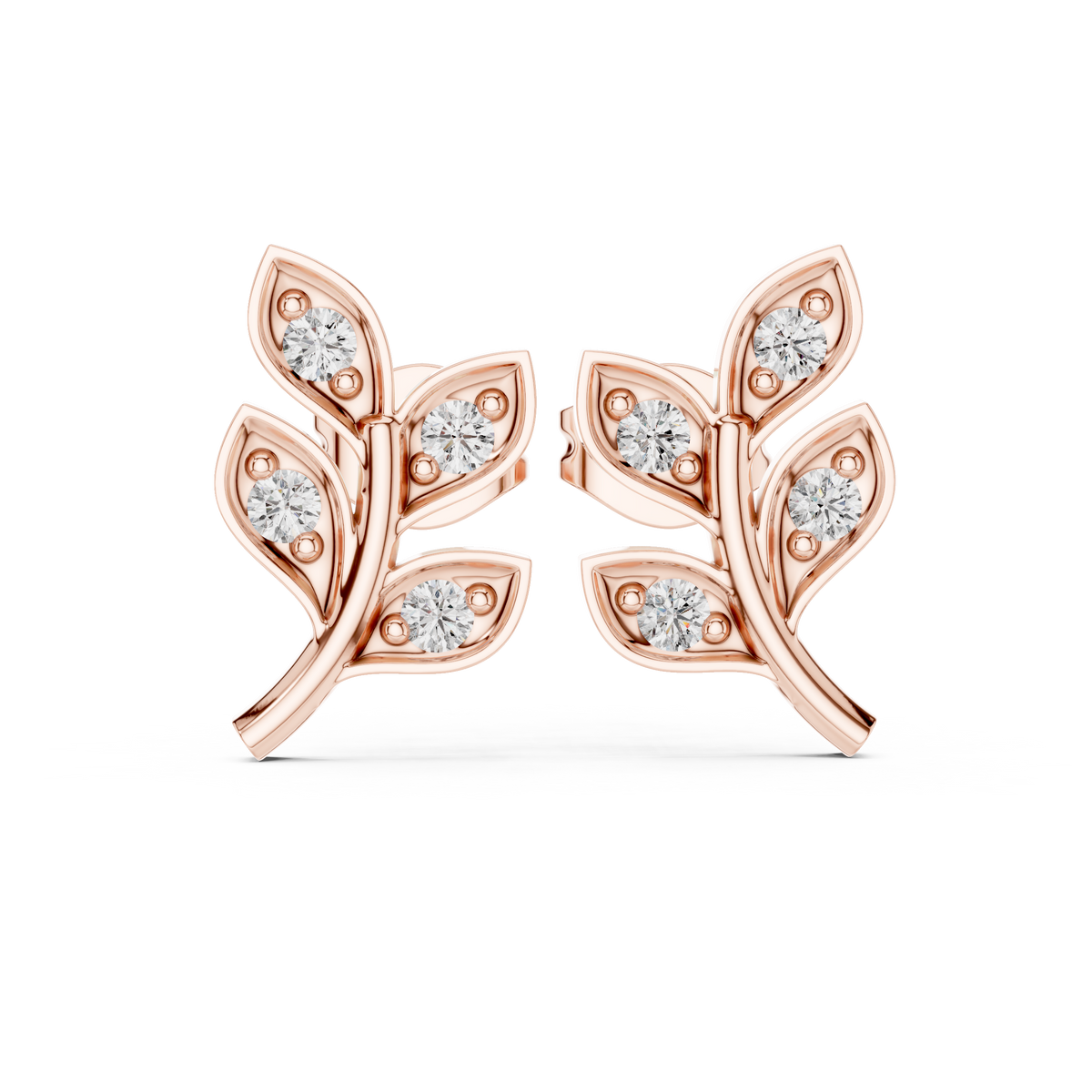 Olive Branch Round Moissanite Diamond Post Earrings Nature Inspired - View 6