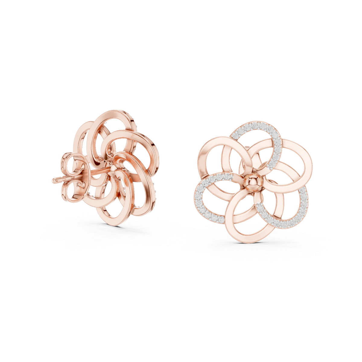 Intertwined Bloom Floral Lab Grown Diamond Stud Earrings with Pavé Accents - View 3