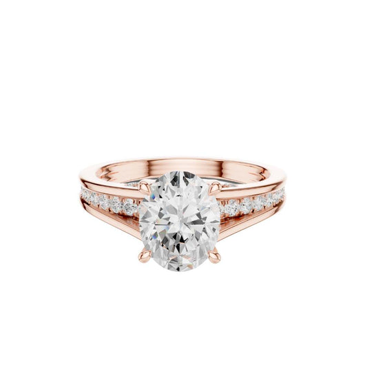 Oval Cut Lab Diamond Split Shank Ring with Pave Accents - View 2
