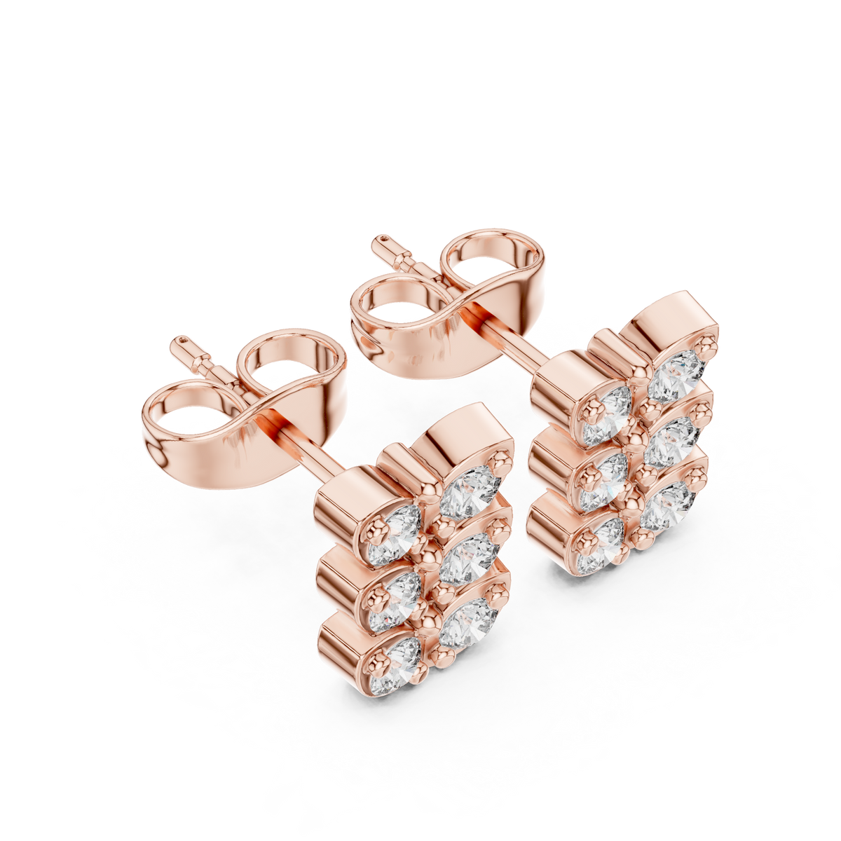 Butterfly Round Moissanite Diamond Stud Earrings with Triple Row Brilliant Design - View 3