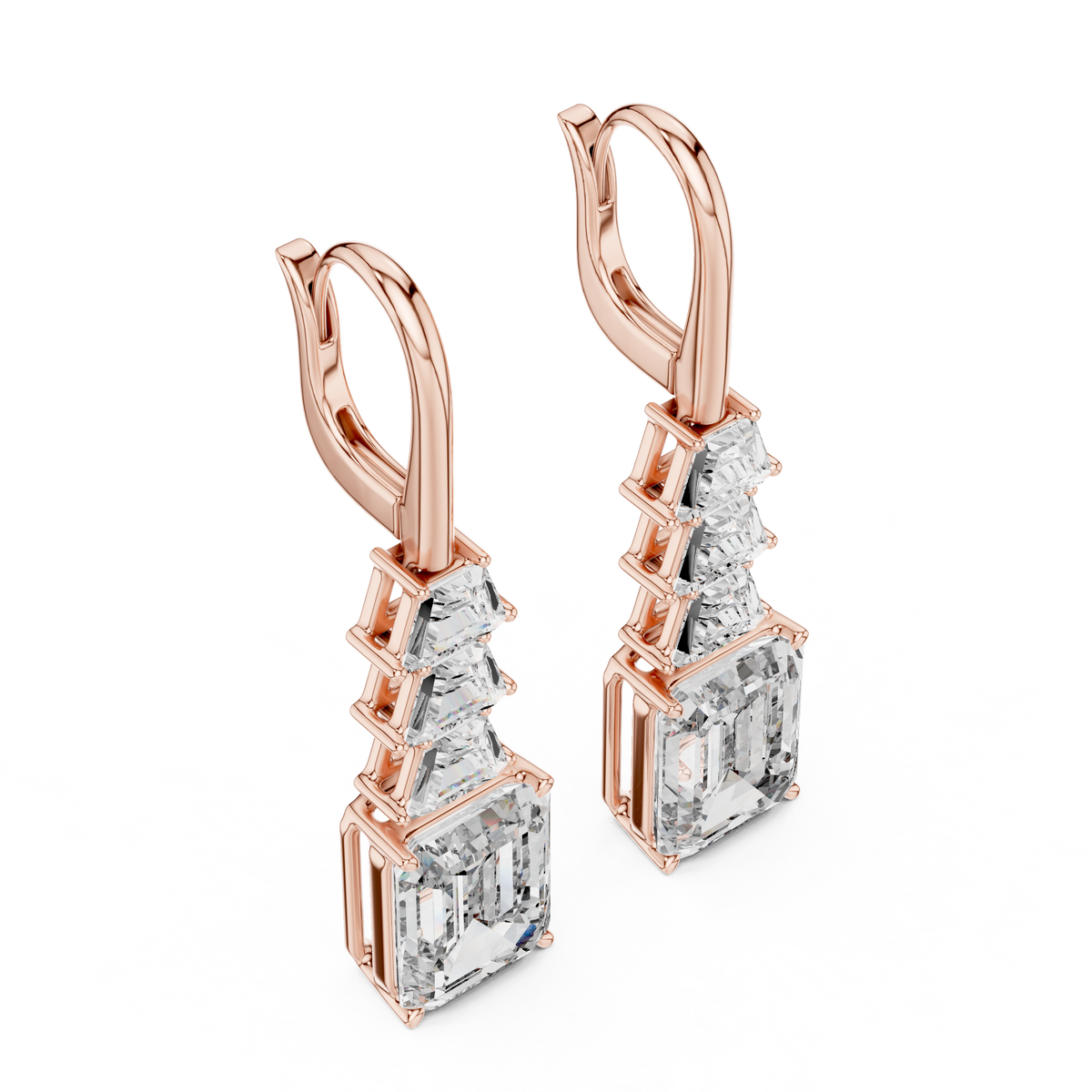 Tiered Step Emerald Cut Moissanite Diamond Drop Earrings Graduated Pyramid Design - View 3