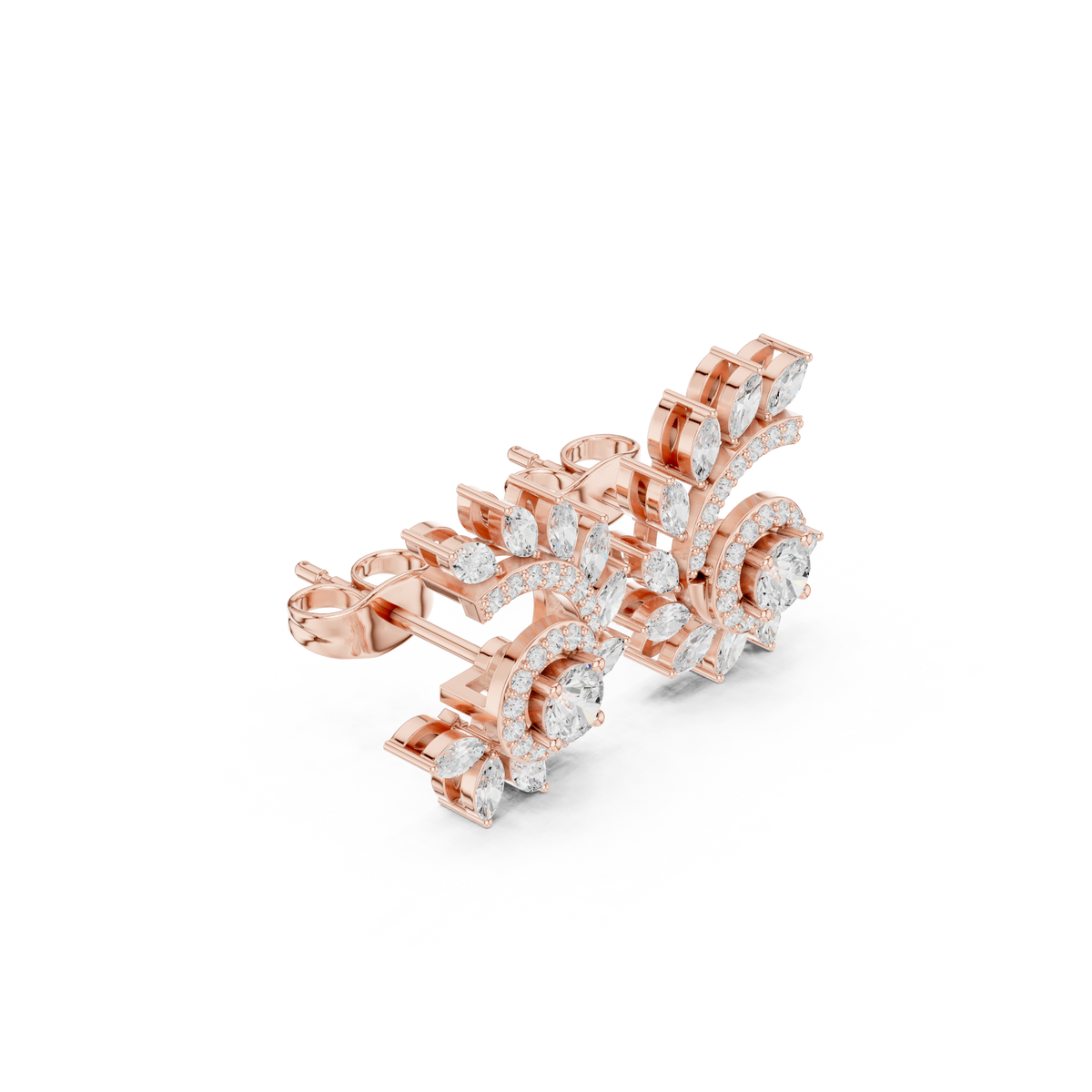 Marquise Leaf Lab Diamond Earrings Spiral Vine Halo Cluster Studs - View 3