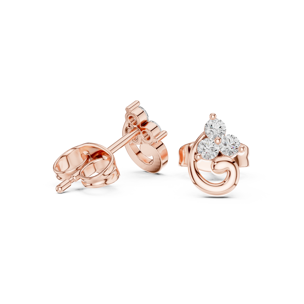 Swirl Design Stud Earrings with Triple Brilliant Round Cut Lab Diamonds - View 3