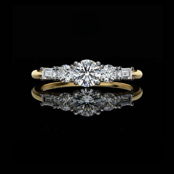 Round Five Stone Moissanite Diamond Ring with Baguette Side Stones