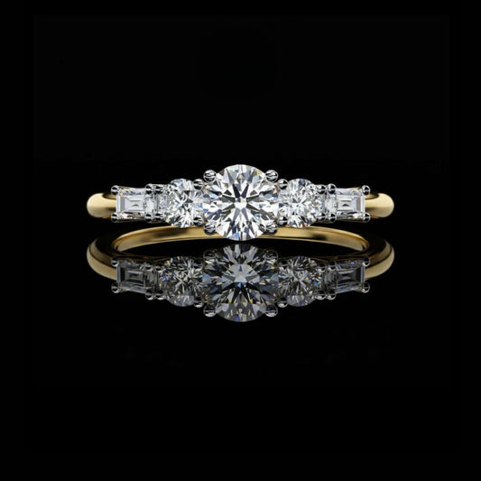 Round Five Stone Moissanite Diamond Ring with Baguette Side Stones