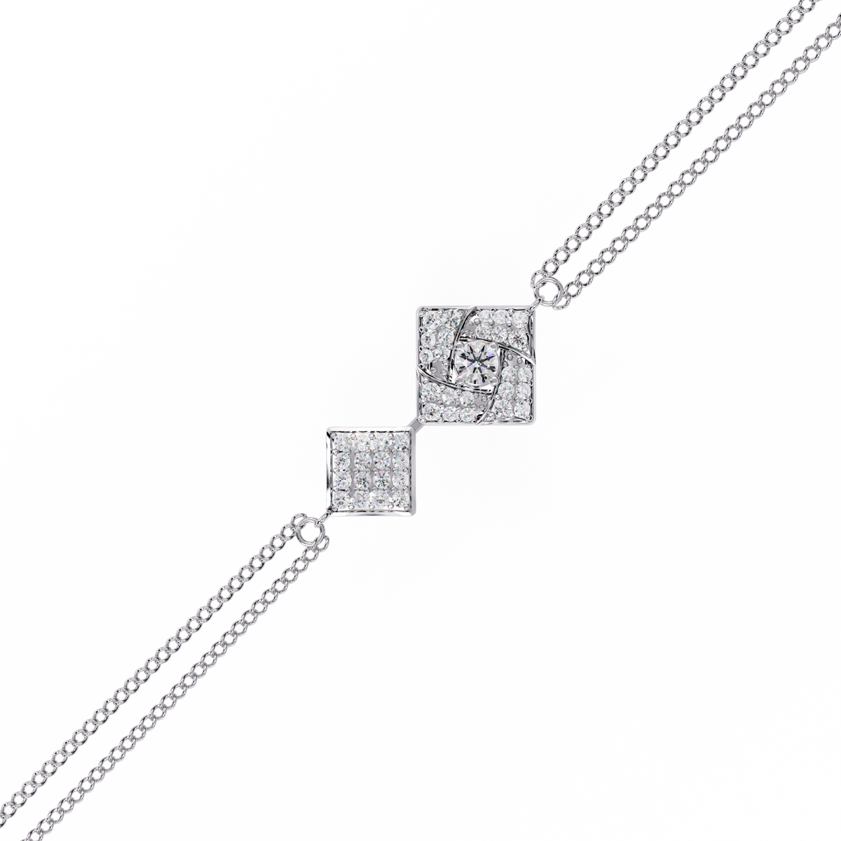Round Cut Lab Diamond Geometric Square Double Chain Bracelet - View 7