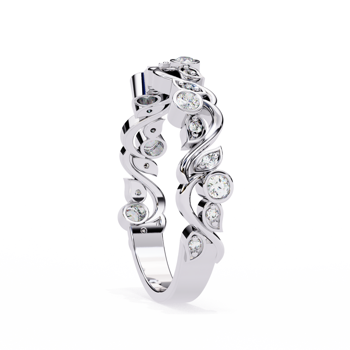 Round Moissanite Diamond Bezel Set Diamond Vine Design Band - View 7
