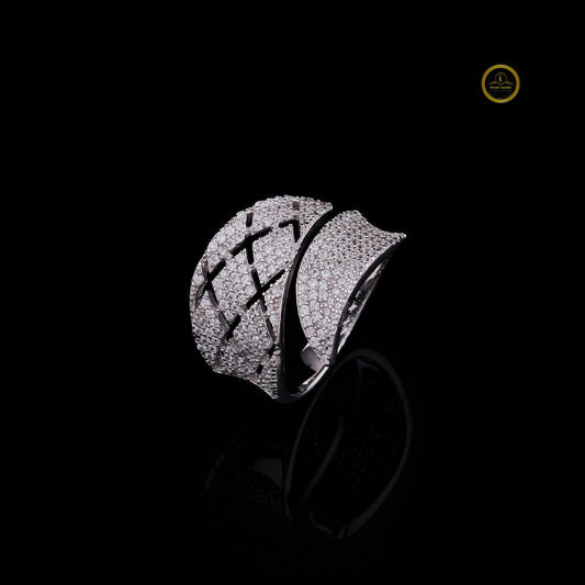 Micro Pave Moissanite Diamond Crossover Statement Ring Wedding Band - View 2