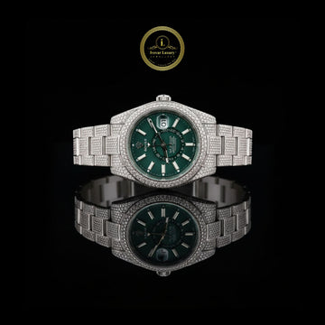 Prestige Iced-Out Lab Diamond Silver Watch with Bold Green Face and Date Display For Men