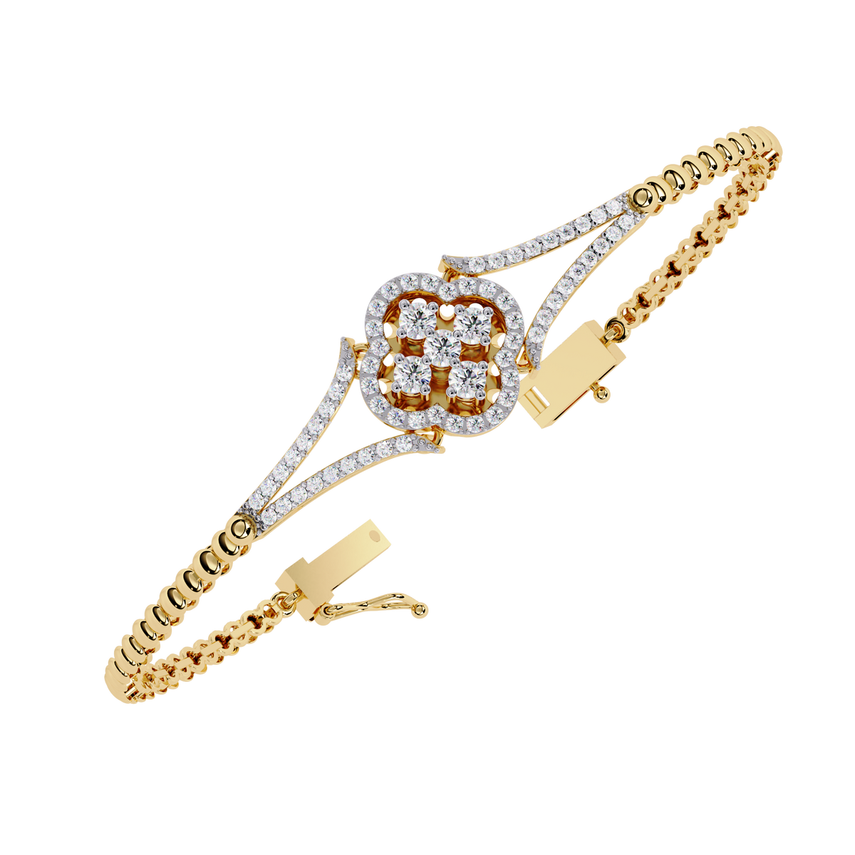 Round Lab Diamond Floral Clover Halo Hinged Bangle Bracelet - View 2