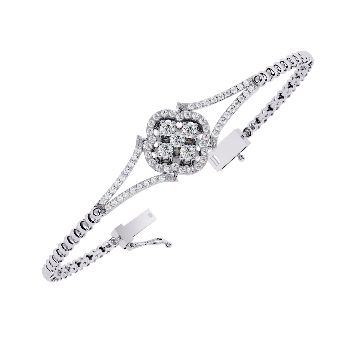Round Lab Diamond Floral Clover Halo Hinged Bangle Bracelet - View 4