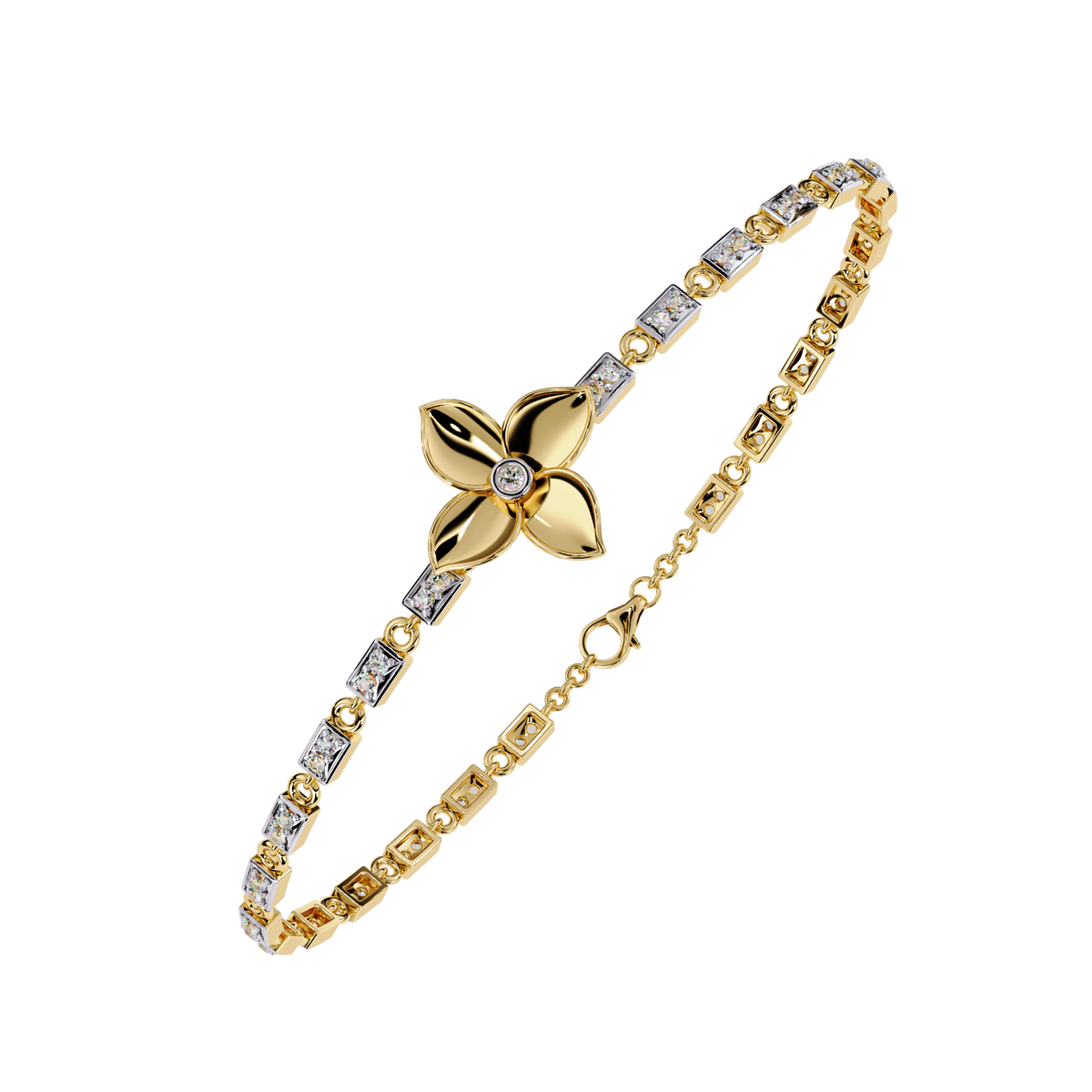 Round Lab Diamond Flower Tennis Bracelet with Geometric Links - View 2
