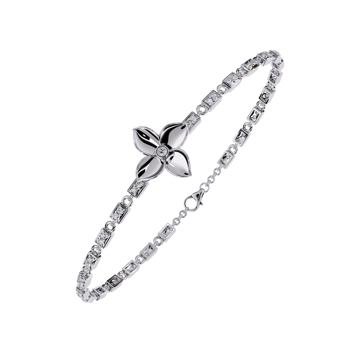 Round Lab Diamond Flower Tennis Bracelet with Geometric Links - View 4