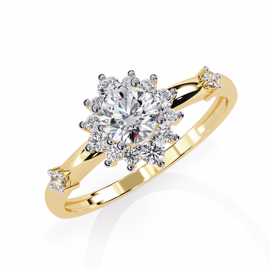 Round Moissanite Diamond Floral Halo Engagement Ring with Diamond Accents - View 2