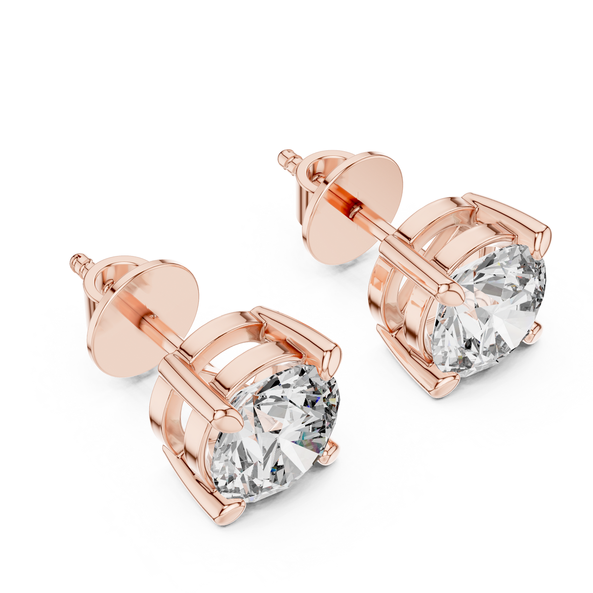 Architectural Crown Basket Round Moissanite Diamond Solitaire Studs - View 4