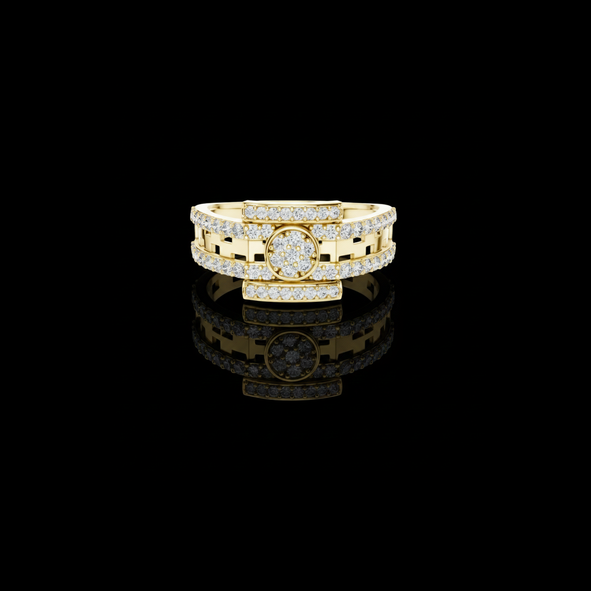 Round Cut Lab Grown Diamond Men's Round Medallion Double Pave Border Ring
