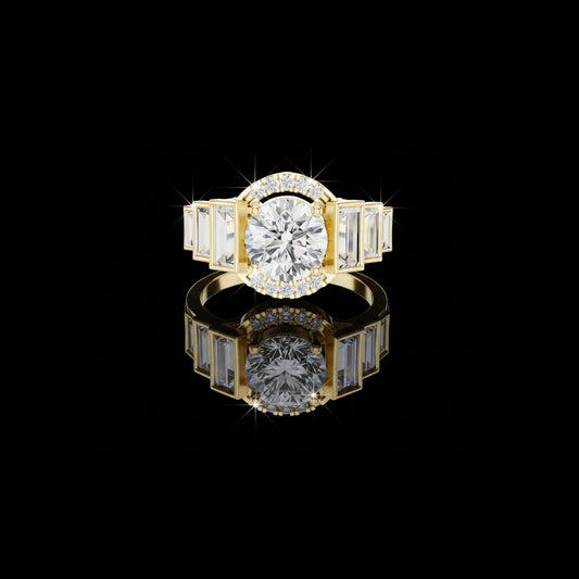 Round Halo Moissanite Diamond Ring with Tapered Baguette Side Stones