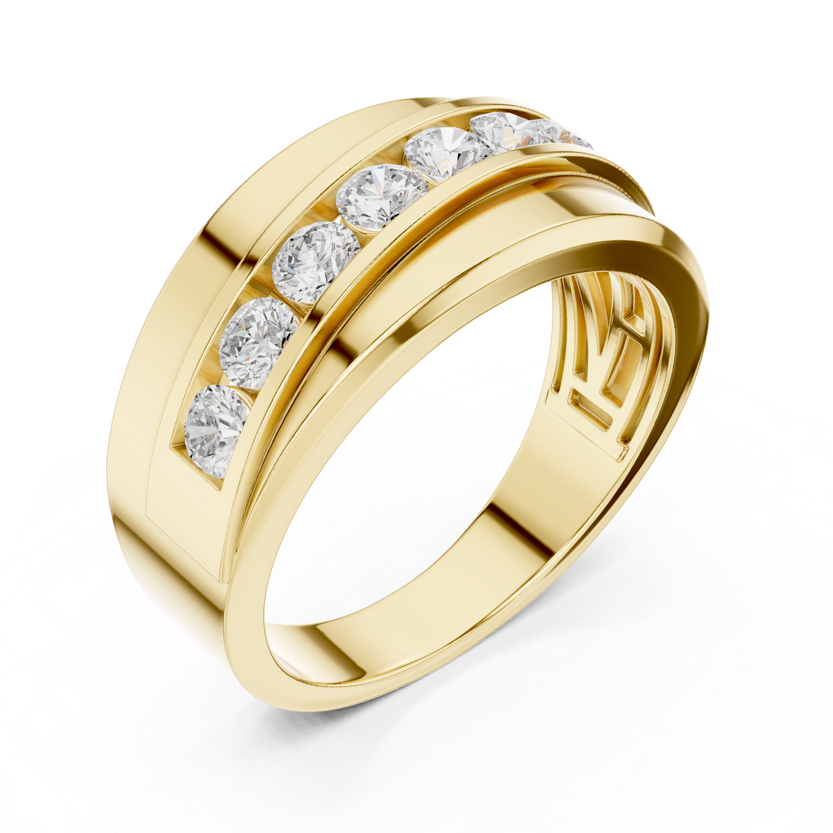 Round Cut Lab Grown Diamond Men's Curved Swirl Channel Set Gold Band - View 4